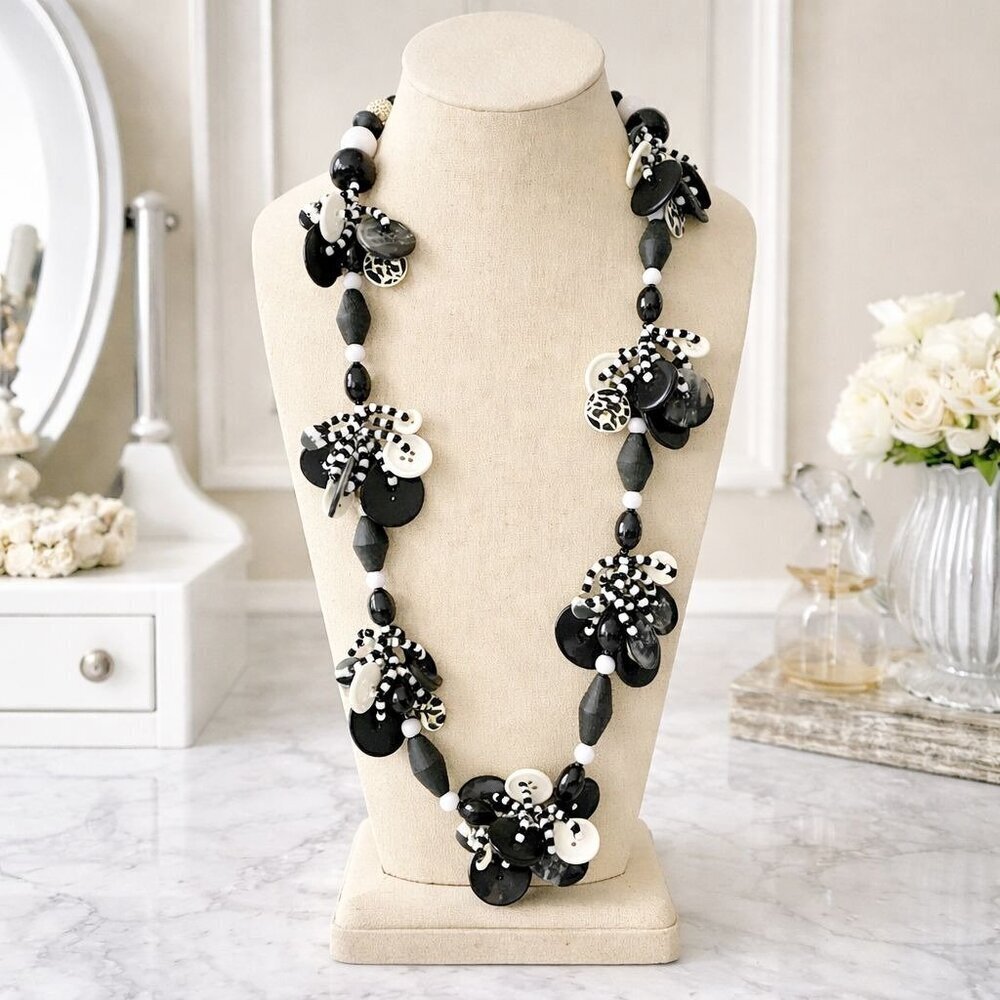 La Bella Fiona Black & White Animal Print Button Statement Necklace 30” Handmade